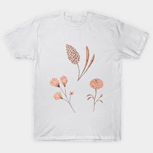 Garden flowers botanical line drawing in coral pink T-Shirt